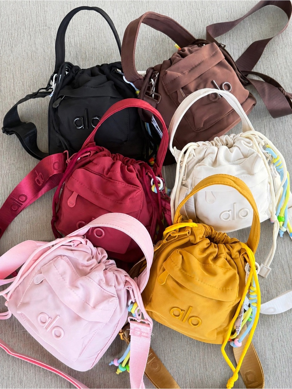 ALO Yoga Mini Drawstring Bag - Black, Brown, Red, Pink, White, Mustard